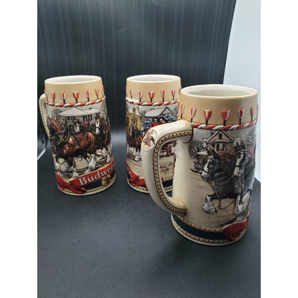 Lot 3 the same Vintage BUDWEISER 1986 B Christmas Holiday Beer Stein Clydesdales